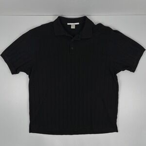 Vintage Perry Ellis Black Ribbed Knit Polo Shirt Sweater XL 100% Cotton Boxy 90s